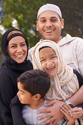 Buy stock photo Family, smile and portrait for bonding, childhood and happiness in backyard for parents, kids and ramadan. Muslim people or mother and father with children in religious clothes for islam and eid