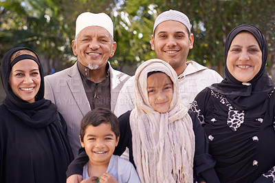 Buy stock photo Nature, muslim and portrait of kids with family for bonding, ramadan and outdoors together. Islam, old man or woman and parents with children for love, childcare and support with smile in park