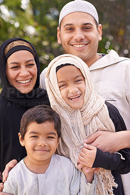 Buy stock photo Park, muslim family and portrait of parents with children for bonding, ramadan and outdoors together. Islam, happy people and mother or father with kids for love, childcare and support in nature