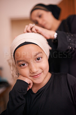 Buy stock photo Child, mother and muslim with smile, headscarf and support for eid celebration and culture. Islamic family, kid and bonding together for love, growth and happiness for parenting and traditional hijab