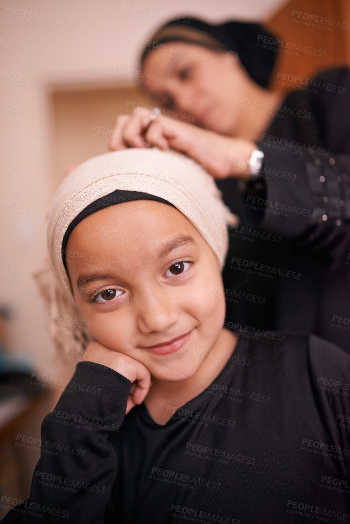 Buy stock photo Child, mother and muslim with smile, headscarf and support for eid celebration and culture. Islamic family, kid and bonding together for love, growth and happiness for parenting and traditional hijab