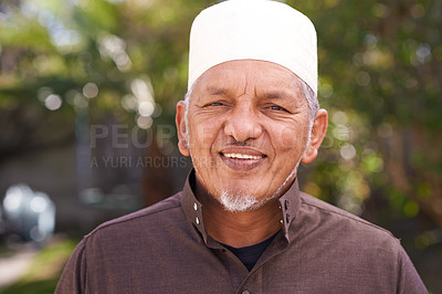 Buy stock photo Happy, muslim and portrait of man outdoor with a smile in garden or relax on holiday in retirement. Arab, mature person and travel on vacation in summer to park or enjoy nature and trees in backyard 