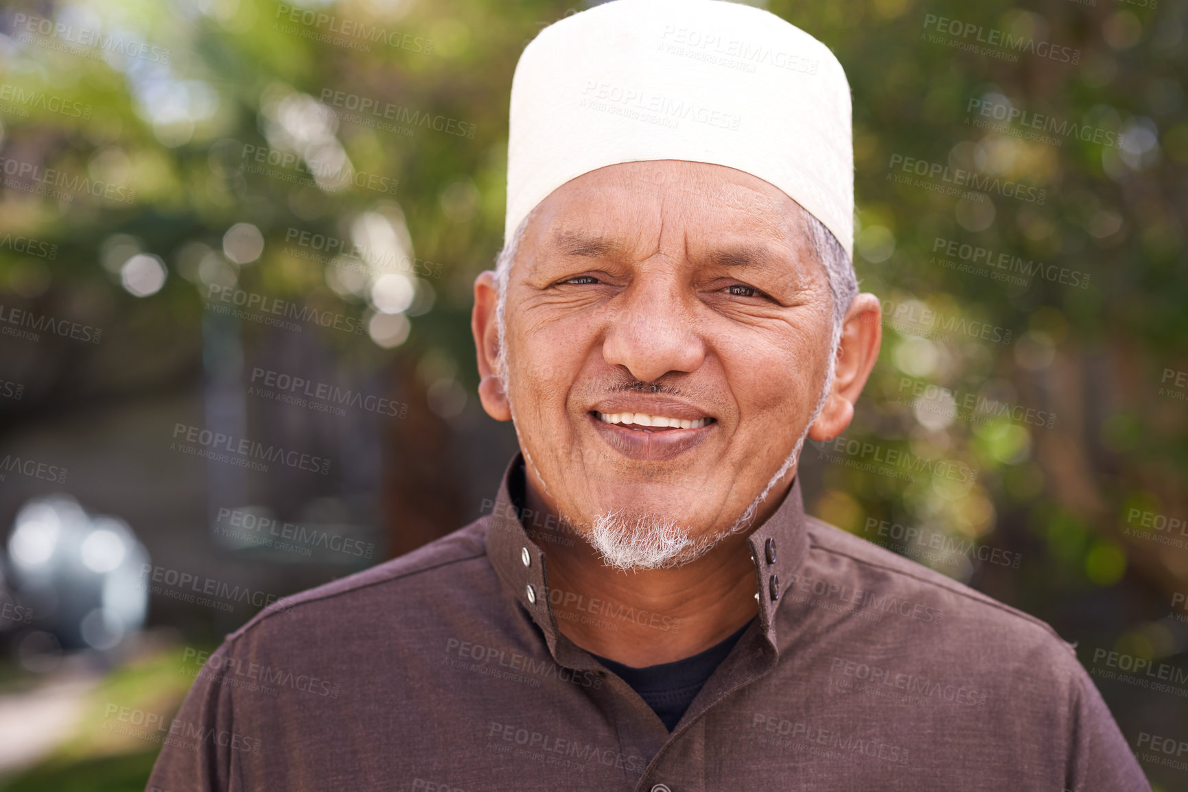 Buy stock photo Happy, muslim and portrait of man outdoor with a smile in garden or relax on holiday in retirement. Arab, mature person and travel on vacation in summer to park or enjoy nature and trees in backyard 