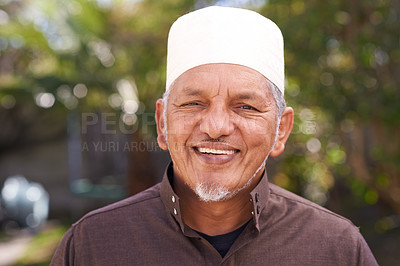 Buy stock photo Happy, muslim and portrait of man outdoor with a smile in garden or relax on holiday in retirement. Senior, person and travel on vacation in summer to park or enjoy nature and trees in backyard 