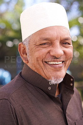 Buy stock photo Happy, portrait and muslim man outdoor with a smile in garden to relax on holiday in retirement. Arab, person and travel on vacation in summer to park to enjoy nature or trees in backyard environment