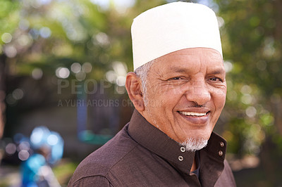 Buy stock photo Happy, muslim and portrait of man outdoor with a smile in garden or relax on holiday in retirement. Arab, mature person and travel on vacation in summer to park or enjoy nature, trees or environment