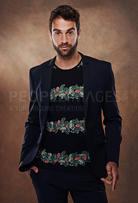Buy stock photo Man, model and fashion in studio portrait, style and male person isolated on brown background. Clothing, confident and backdrop space with pose, casual and trendy outfits for Brazilian apparel. 