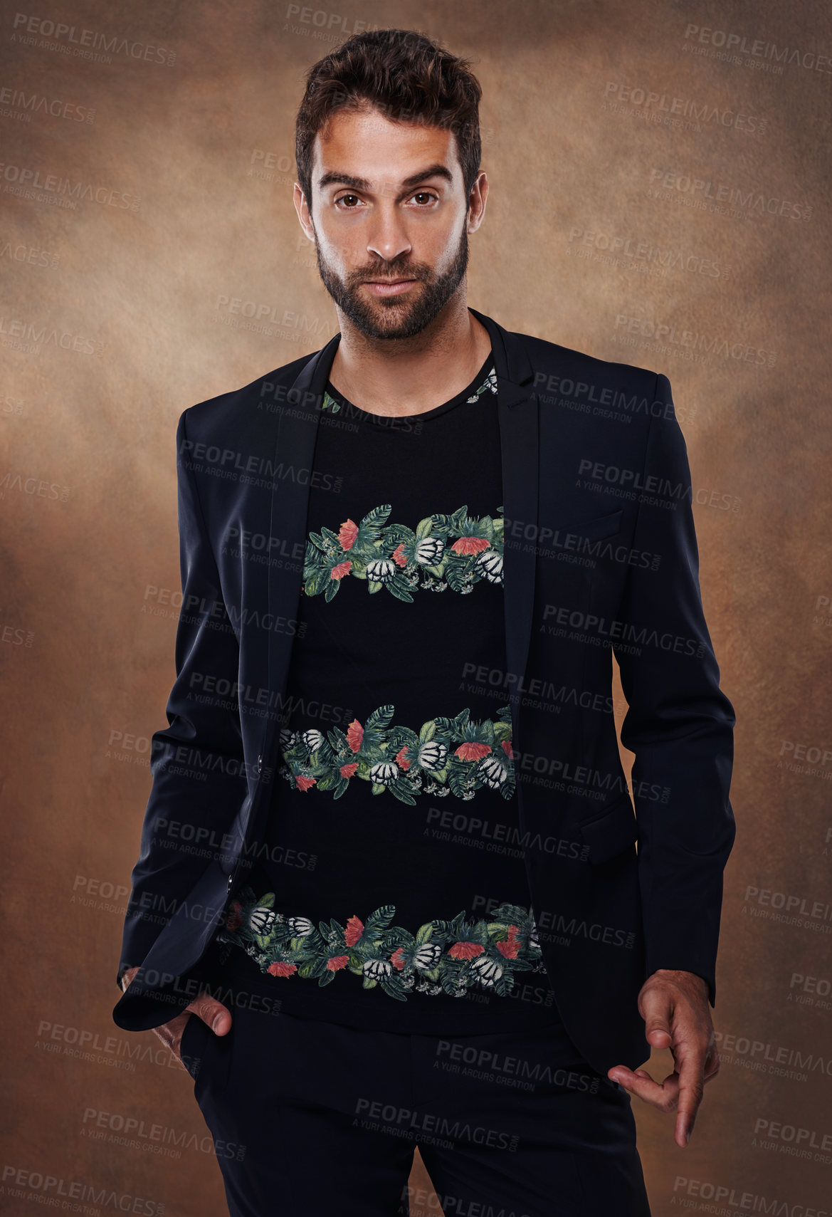 Buy stock photo Man, model and fashion in studio portrait, style and male person isolated on brown background. Clothing, confident and backdrop space with pose, casual and trendy outfits for Brazilian apparel. 