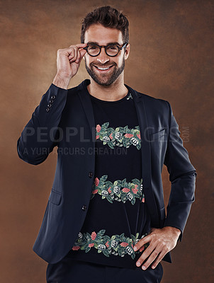 Buy stock photo Fashion, eyewear and portrait of male person, studio and clothing isolated on background. Confident, pose and glasses for happy man model, contemporary and trendy outfit for startup business owner