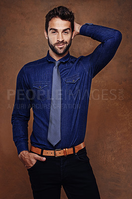 Buy stock photo Fashion, business and portrait of male person, studio and clothing pose isolated on background. Confident, smile and corporate employee for happy man model, professional and formal and trendy outfit