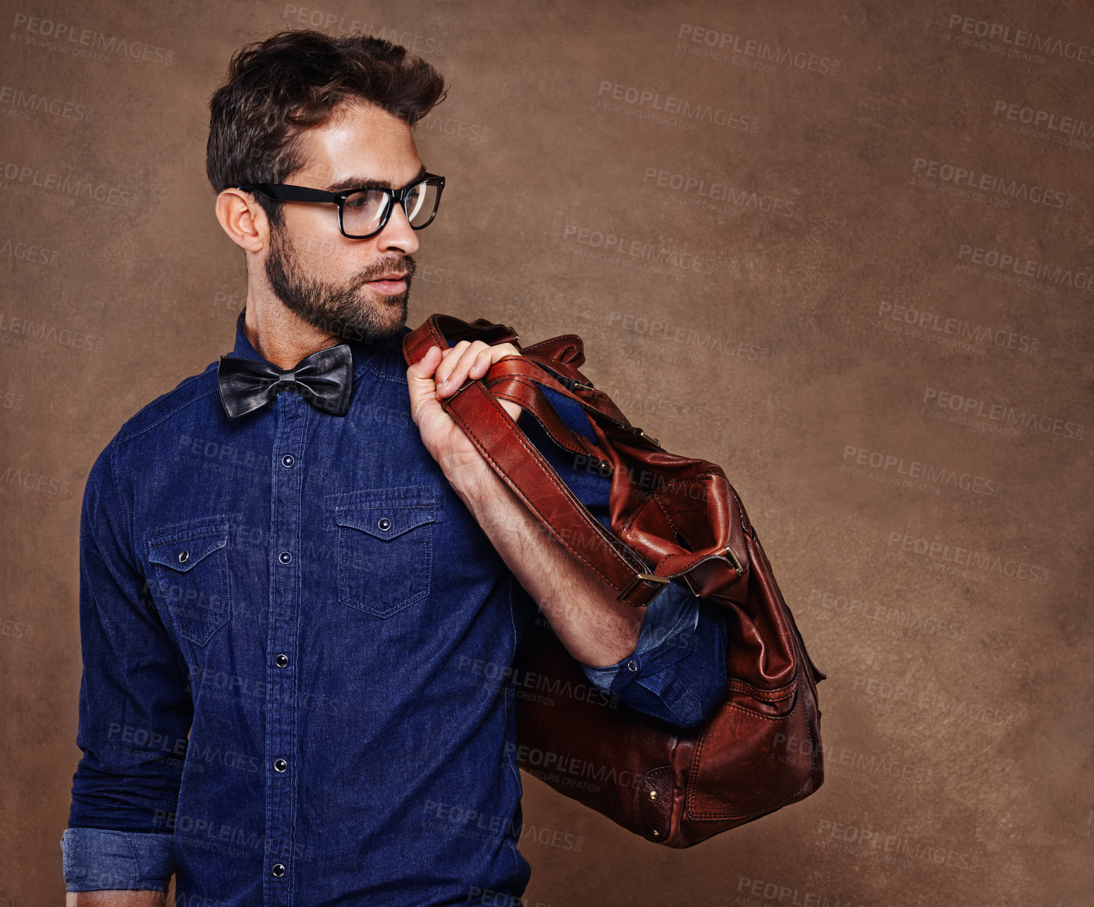 Buy stock photo Travel, fashion and man with bag thinking of vacation in studio, background and mockup for business. Formal, style and luxury leather luggage for airport, journey to Italy and model in glasses