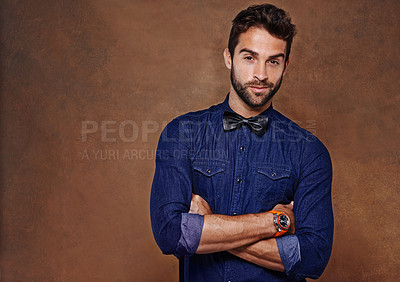 Buy stock photo Smile, fashion and portrait  for male person, studio and pose with casual clothing on background. Confidence, stylish and employee or worker man model, professional or business and trendy outfit 