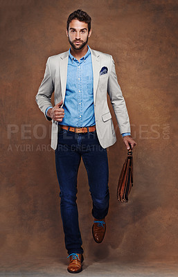 Buy stock photo Travel, bag and portrait of man with fashion in studio, background and mockup for business vacation. Formal, style and luxury luggage for airport, journey to Italy and walk in leather shoes with suit