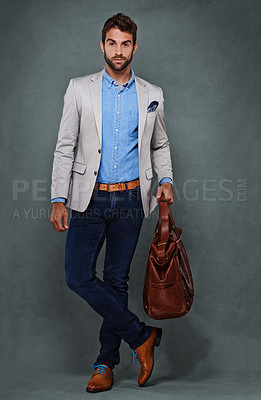 Buy stock photo Travel, bag and portrait of man with fashion in studio, background and mockup for business vacation. Formal, style and luxury luggage for airport, journey to Italy and Italian leather shoes with suit