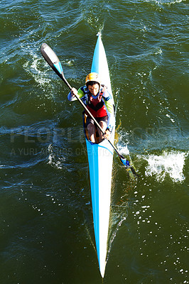 Buy stock photo Relax, travel and kayak with man in river for vacation trip, summer and water sports from above. Nature, health and peace with male kayaker rowing in canoe boat for fitness, competition and race