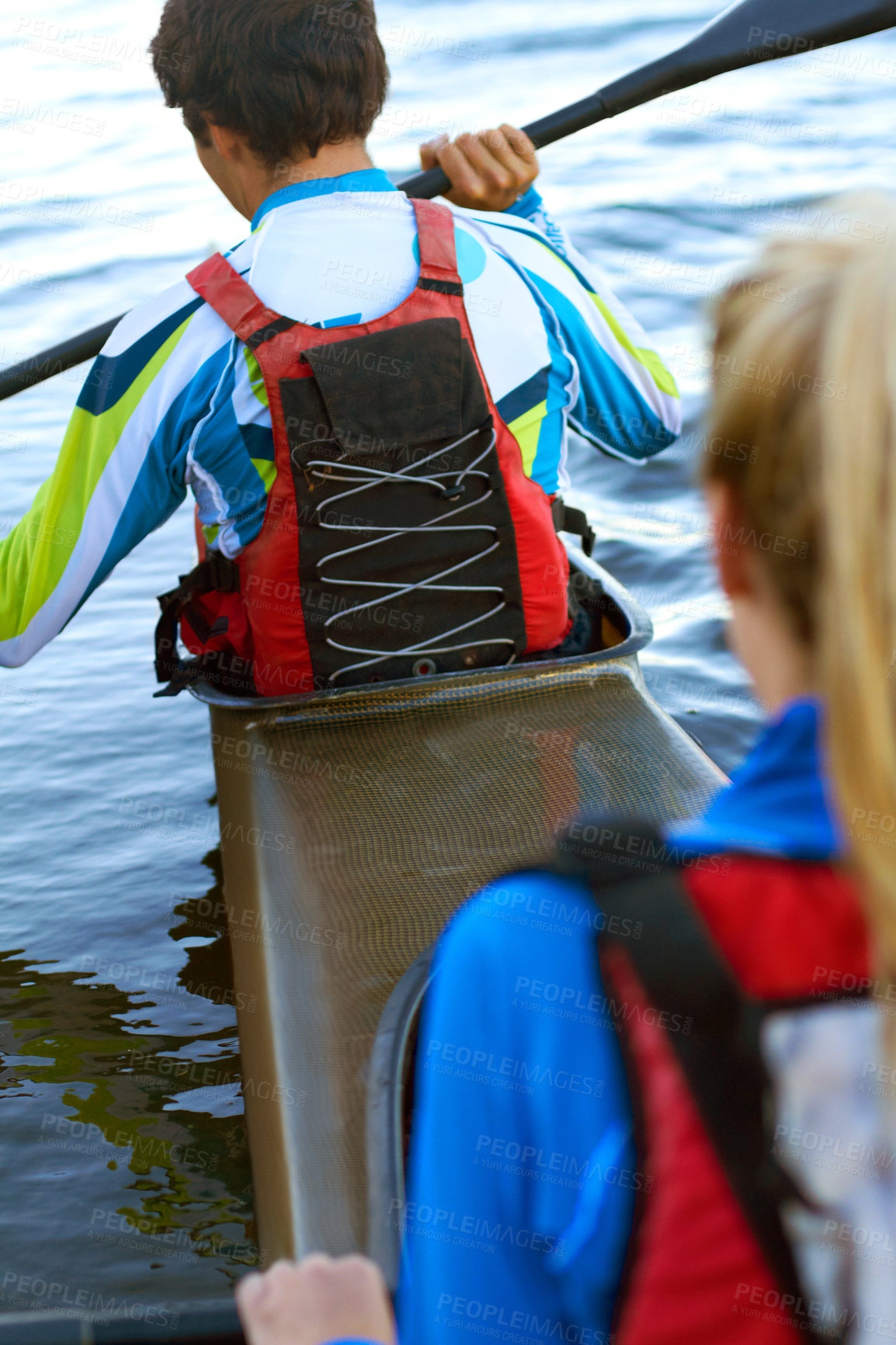 Buy stock photo Back, man and woman on water in kayak for rowing, sport and fitness for health, wellness and teamwork. Rowing team, boat and adventure for sports, freedom and exercise on river, dam or lake in nature