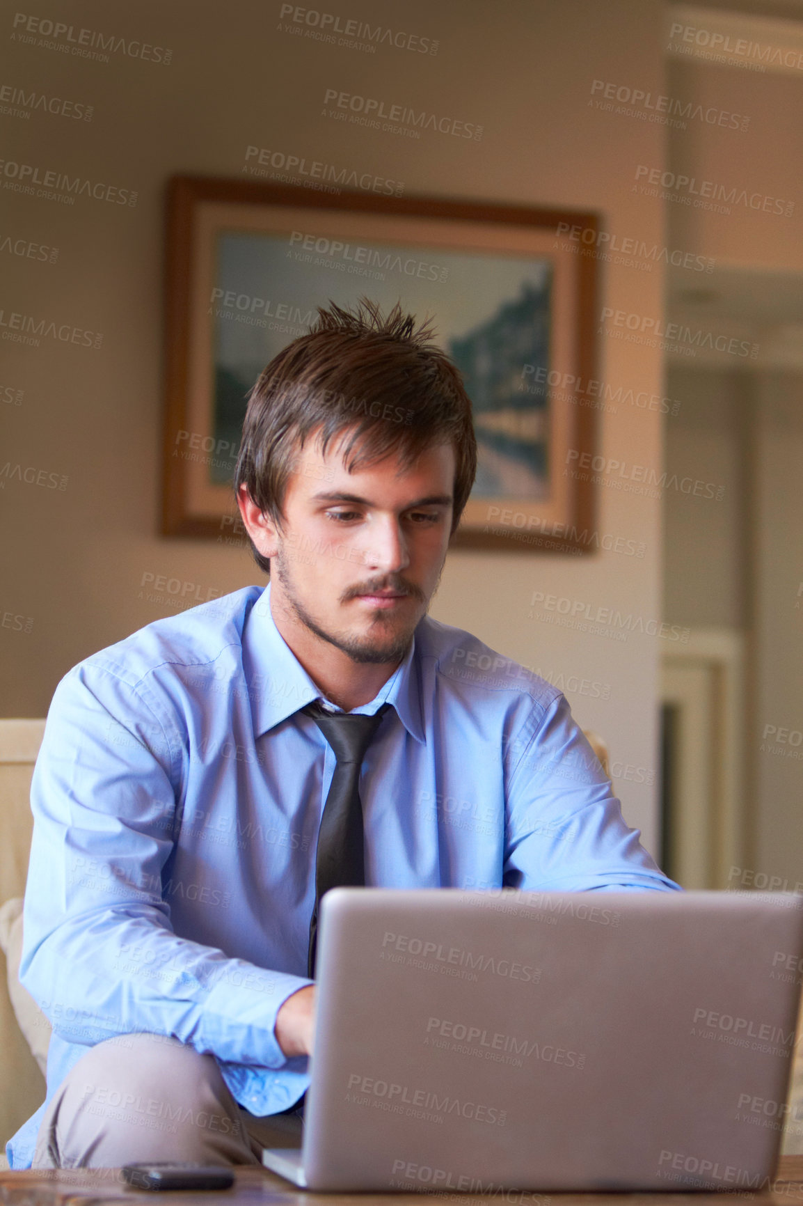 Buy stock photo Focus, laptop and business man in office for research, communication and website. Technology, internet and corporate email with male employee typing on computer for online, connection and networking