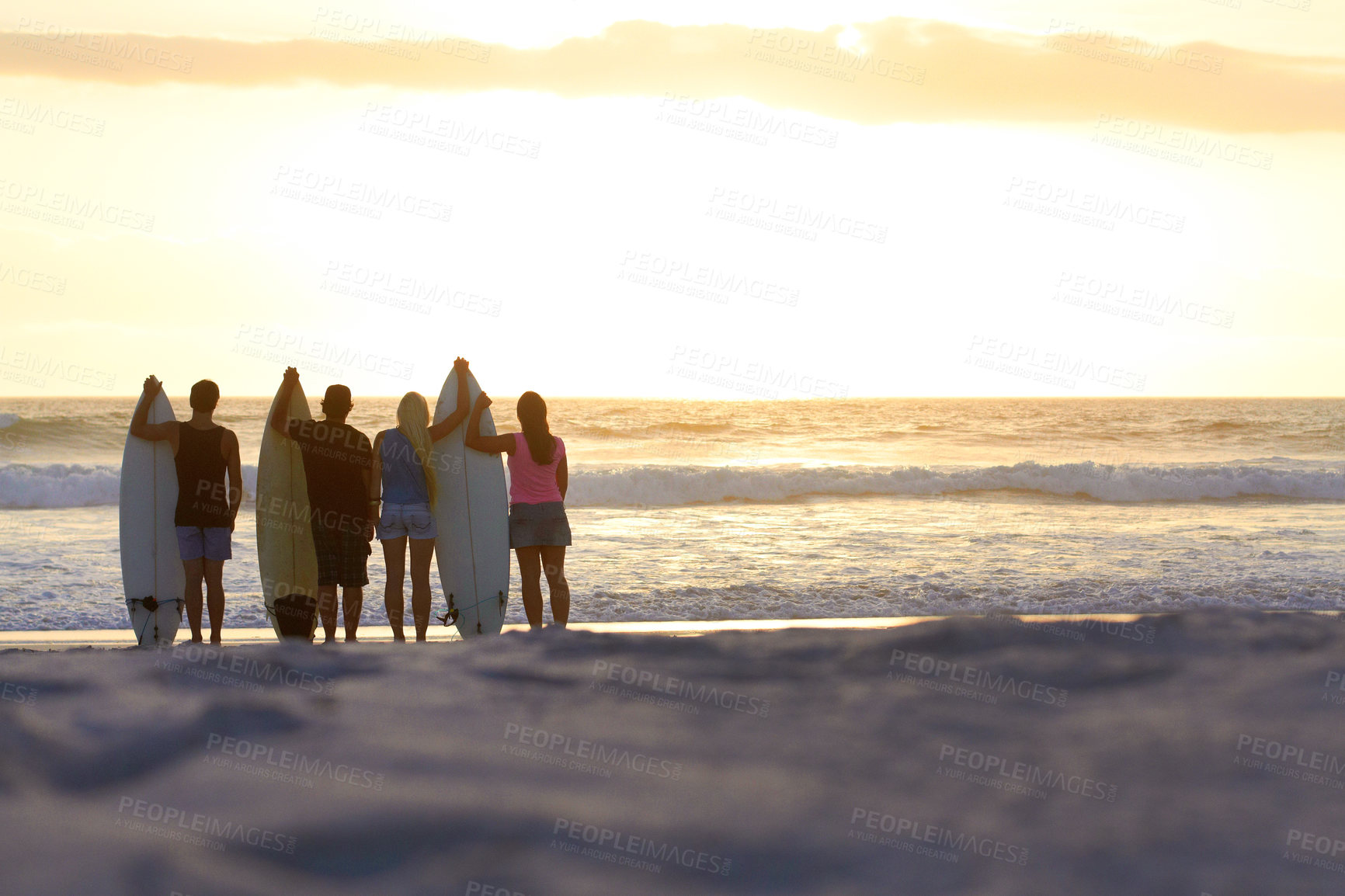 Buy stock photo Surfer group, silhouette and beach with space for mockup on vacation for freedom, youth or nature. People, women and men outdoor by ocean, sunset and waves in summer, holiday and relax with surfboard