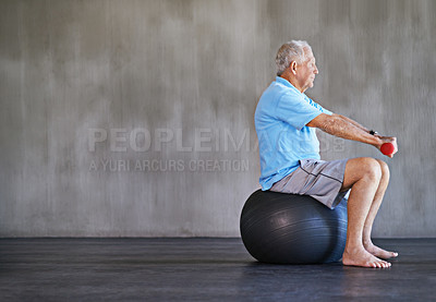Buy stock photo Senior man, dumbbells and exercise with ball for fitness, rehabilitation or physiotherapy at gym on mockup space. Elderly person, weightlifting or training for physical therapy, muscle or body health
