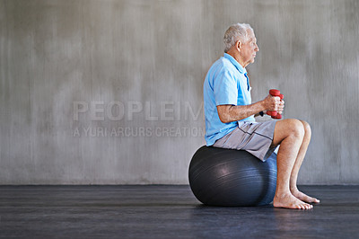 Buy stock photo Senior man, dumbbells and workout with ball for fitness, wellness and physiotherapy at gym on mockup space. Elderly person, weightlifting and training for physical therapy, muscle or body health