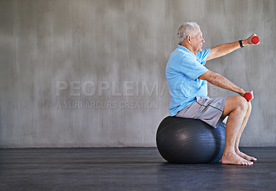 Buy stock photo Elderly man, dumbbells and exercise with ball for fitness, wellness and physiotherapy at gym on mockup space. Senior person, weightlifting and training for physical therapy, muscle or body health