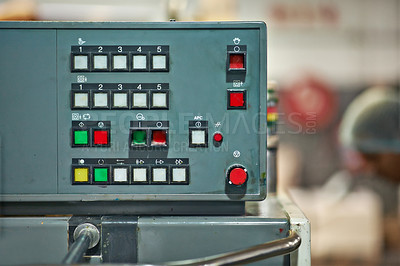 Buy stock photo Factory, production and technology of machine closeup on system at manufacturing warehouse. Industrial, process and press button or click control panel dashboard to start productivity or development