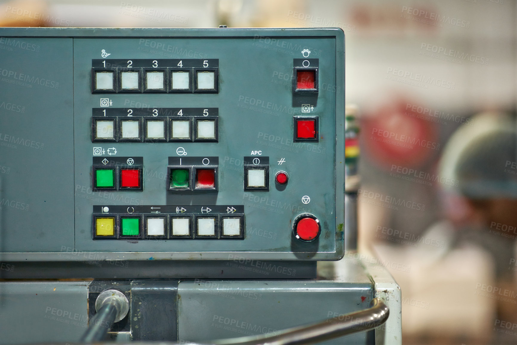 Buy stock photo Factory, production and technology of machine closeup on system at manufacturing warehouse. Industrial, process and press button or click control panel dashboard to start productivity or development