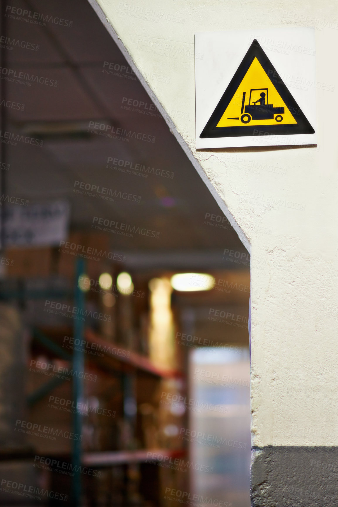 Buy stock photo Warning, sign and forklift with triangle or symbol for alert, precaution or safety at warehouse or factory. Empty room with hazard billboard for beware of vehicle, lifting or transport at manufacture