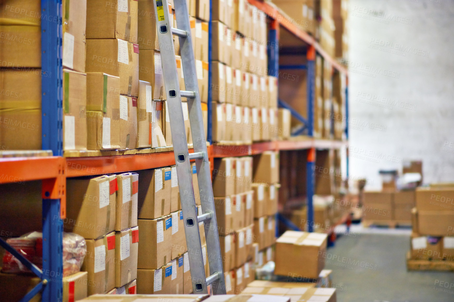 Buy stock photo Boxes, ladder and shelves with inventory at warehouse for distribution, supply chain or logistics. Empty room or interior of packages, cargo or shipment in factory or storage for export or import