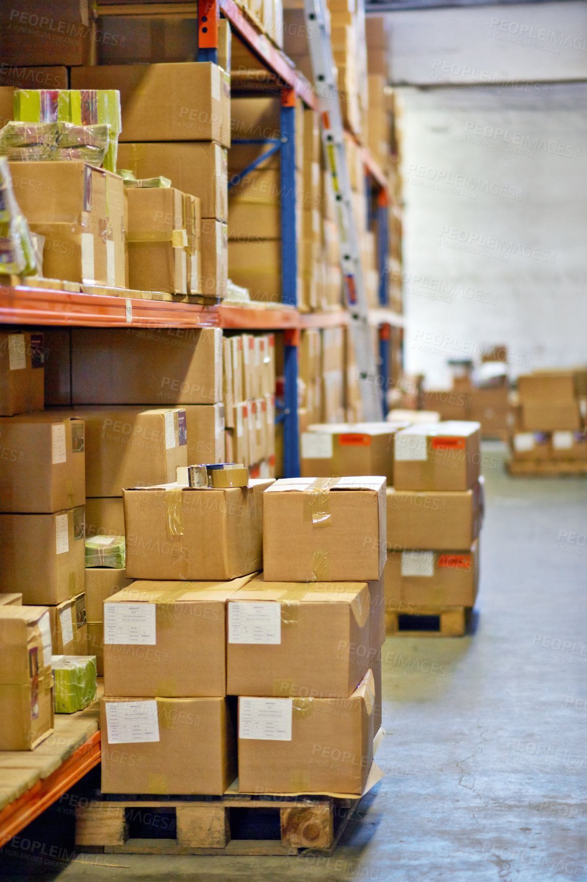 Buy stock photo Boxes, packages and shelves with inventory at warehouse for distribution, supply chain or logistics. Empty room or interior of parcel, cargo or shipment in factory or storage for export or import