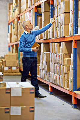 Buy stock photo Boxes, shelf or man in warehouse for stock or logistics info for a delivery order on tablet in factory. Check, inventory or mature manager with product, package or cargo shipping for distribution 