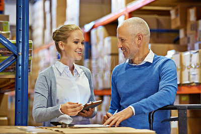 Buy stock photo Teamwork, collaboration and employees at warehouse for logistics, inventory and discussion in meeting for ecommerce industry. Workers, man and woman with cargo, stock and technology for shipping