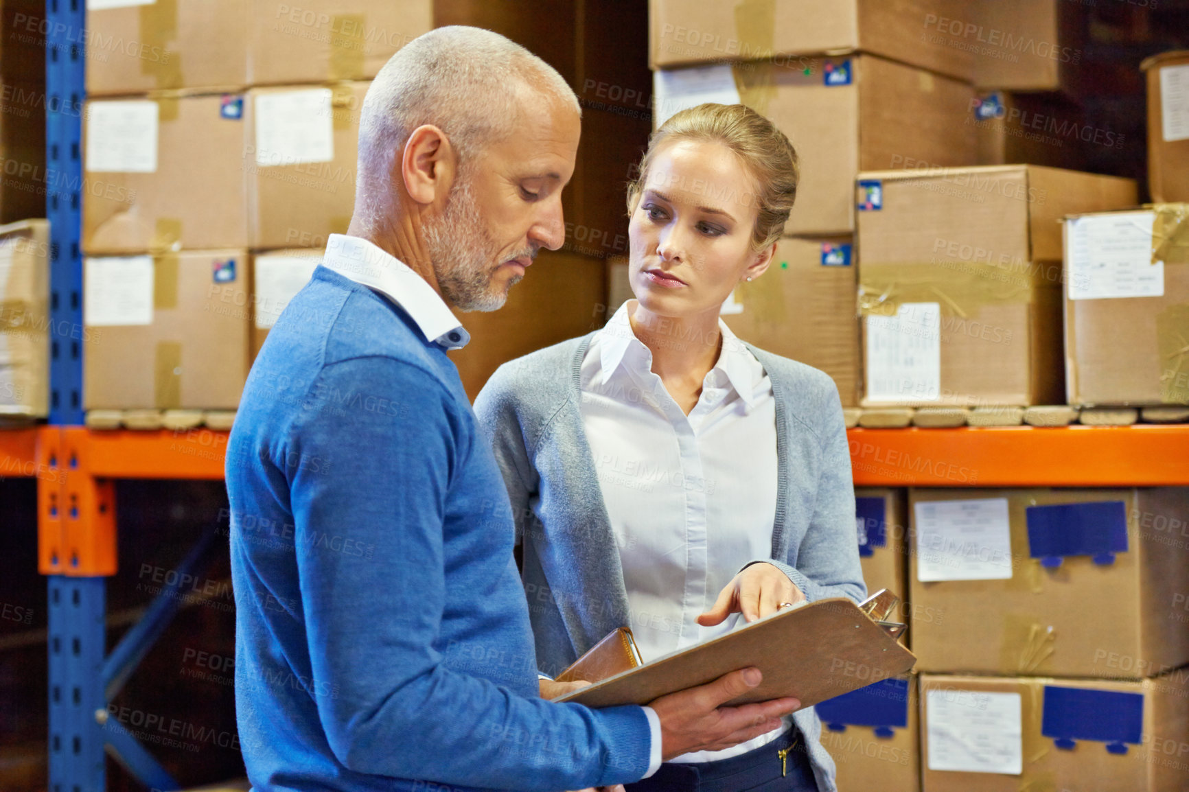 Buy stock photo Logistics, team or clipboard in warehouse with inventory for quality control, service delivery or freight distribution. Senior manager, woman or wholesale supplier with stock checklist for inspection