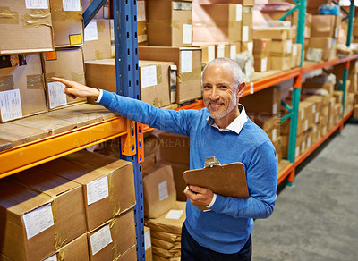 Buy stock photo Boss, clipboard and smile in warehouse with inventory for quality control and freight distribution. Senior businessman, wholesale supplier and stock checklist in logistics industry for box inspection