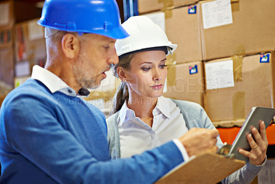 Buy stock photo Team, distribution and warehouse with tablet and clipboard for inventory management, stock checklist and online. People at storage facility, digital and distribution paperwork for quality control