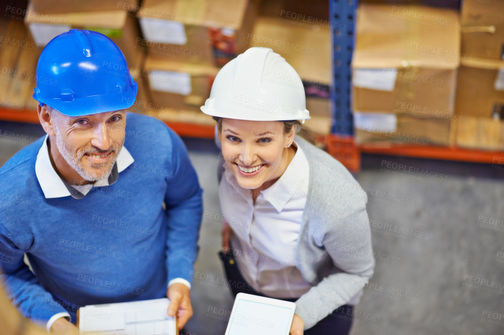 Buy stock photo Top view, distribution and people in warehouse for logistics with tablet and clipboard for inventory management. People at storage facility, digital and supply chain paperwork for quality control