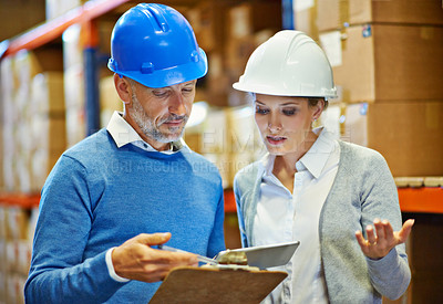 Buy stock photo Team, logistics with tablet and clipboard, mistake or fail with supply chain crisis, comparison and inventory management. Distribution disaster, people confused with online checklist and document