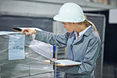 Buy stock photo Logistics, clipboard and woman in warehouse with inventory for quality control and freight distribution. Hardhat, inspector and wholesale supplier with stock checklist in supply chain for inspection