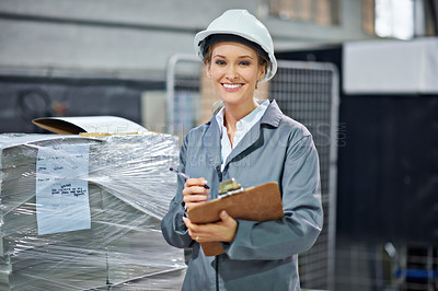 Buy stock photo Logistics, portrait and woman in warehouse with clipboard for quality control, inventory or freight distribution. Hardhat, inspector or wholesale supplier with stock checklist or smile for inspection