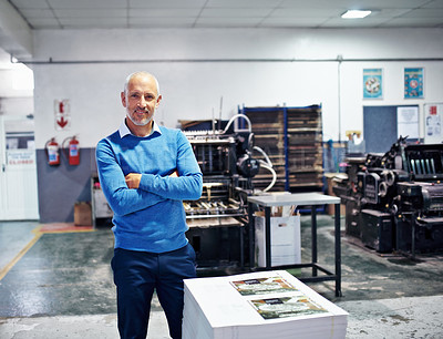 Buy stock photo Printing, factory and portrait of man with crossed arms for quality control, supply chain or product inspection. Warehouse, professional and person for logistics, manufacturing and paper production