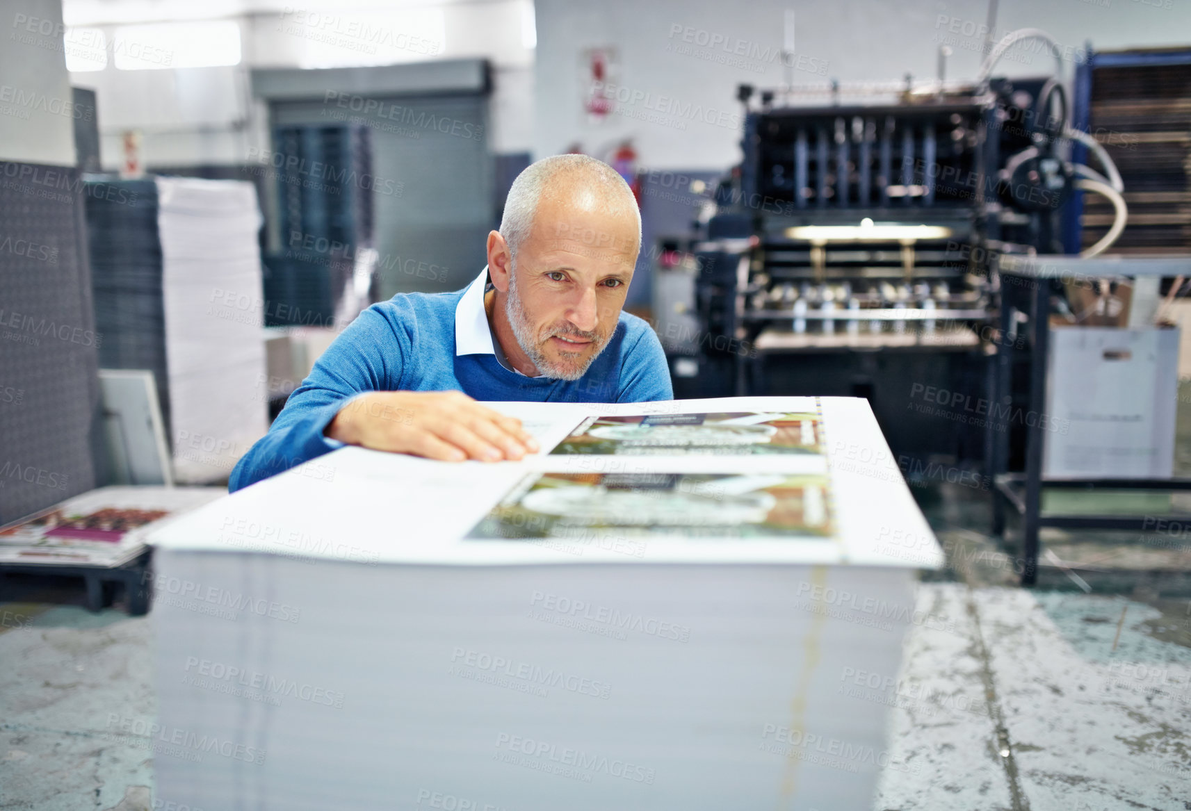 Buy stock photo Printing, factory and man with paper for inspection, quality control and supply chain in workshop. Warehouse, distribution and person check for logistics, manufacturing and industrial production