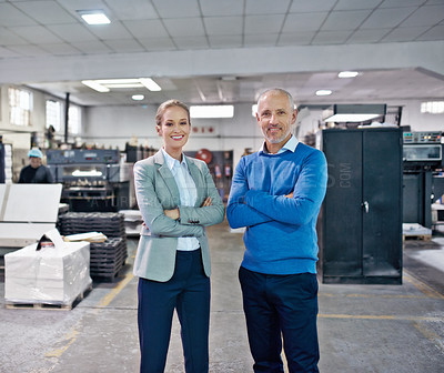 Buy stock photo Business people, management and portrait with arms crossed in factory with confidence for career in printing industry. Mature man, woman and happiness in warehouse for inspection and collaboration 