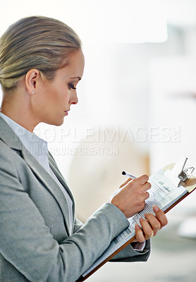 Buy stock photo Writing, clipboard or business woman at a warehouse for logistic, delivery or cargo, shipping or planning. Factory, supply chain or lady manager paper checklist for retail, stock or procurement notes