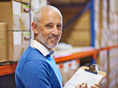 Buy stock photo Senior, man and portrait in warehouse with clipboard for inventory, quality control and freight distribution. Manager, wholesale supplier and stock checklist in logistics industry for box inspection