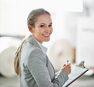 Buy stock photo Writing, clipboard or woman portrait at a warehouse for logistic, delivery or cargo, shipping or planning. Factory, supply chain or lady manager paper checklist for retail, stock or procurement notes