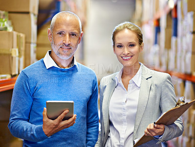 Buy stock photo Warehouse, portrait and business people with clipboard, tablet or retail, planning or teamwork. Face, supply chain and factory team with app for inventory, stock or checklist for digital procurement