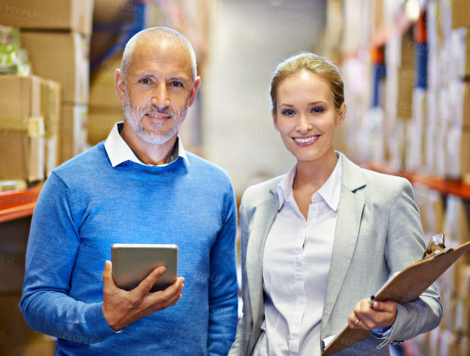 Buy stock photo Warehouse, portrait and business people with clipboard, tablet or retail, planning or teamwork. Face, supply chain and factory team with app for inventory, stock or checklist for digital procurement