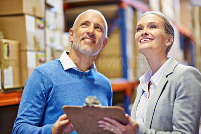 Buy stock photo Warehouse, clipboard or business people with vision for logistic, delivery or cargo, shipping or planning. Factory, supply chain or team smile for paper checklist or retail, stock or procurement note