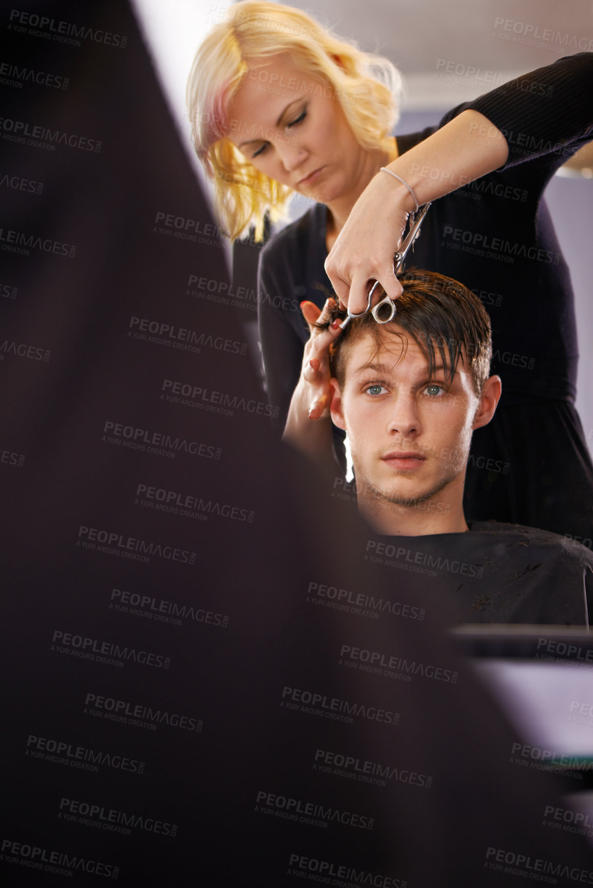 Buy stock photo Hair care, hairdresser or mirror reflection of man for hairstyle, grooming or cleaning in beauty salon. Hairdressing, service woman or studio people, customer or person for healthy haircare treatment