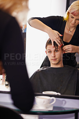 Buy stock photo Cut, styling and man in mirror with hairdresser for professional haircare, barbershop or luxury treatment. Grooming, hair and client at salon for care, haircut and small business with expert service